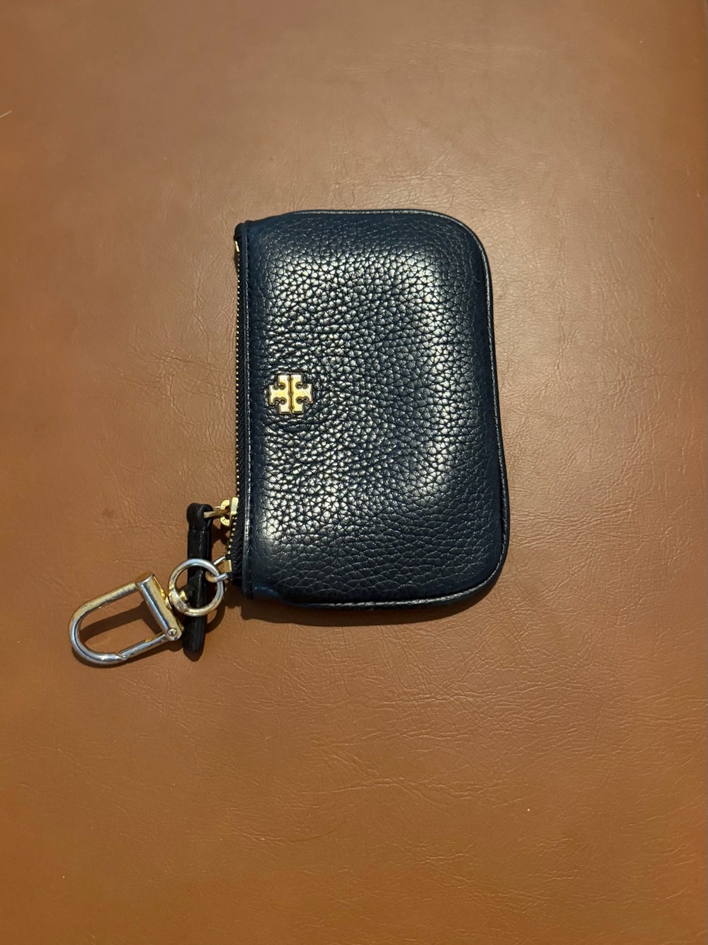 Tory Burch Navy Pebbled Leather Key & Card Case with Gold Logo